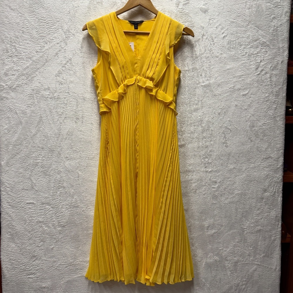 Banana Republic Chiffon Midi Dress VTG XS Yellow Pleated Flutter-Sleeve V-Neck